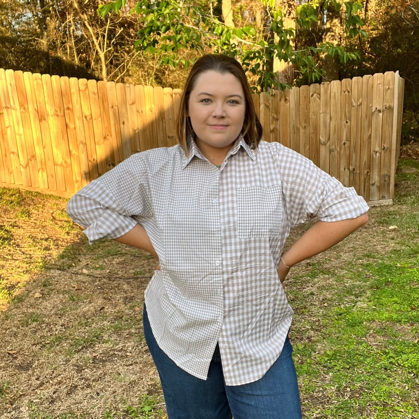 Neutral Plaid Button Down