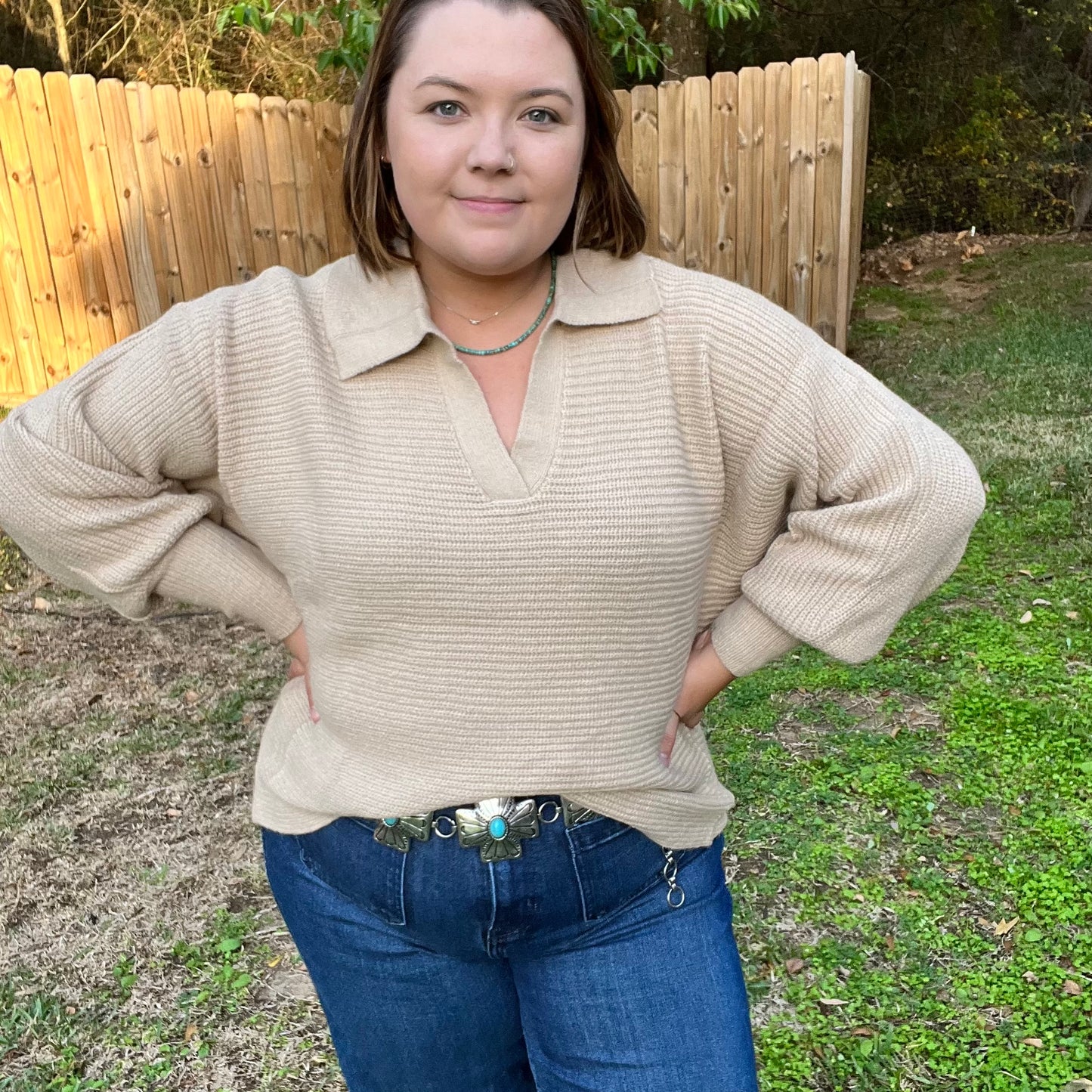 Tessa Oatmeal V-neck Collared Sweater