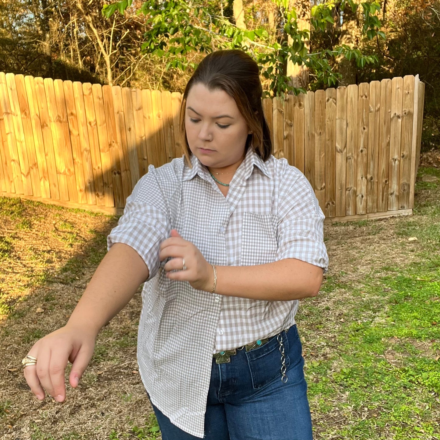 Neutral Plaid Button Down