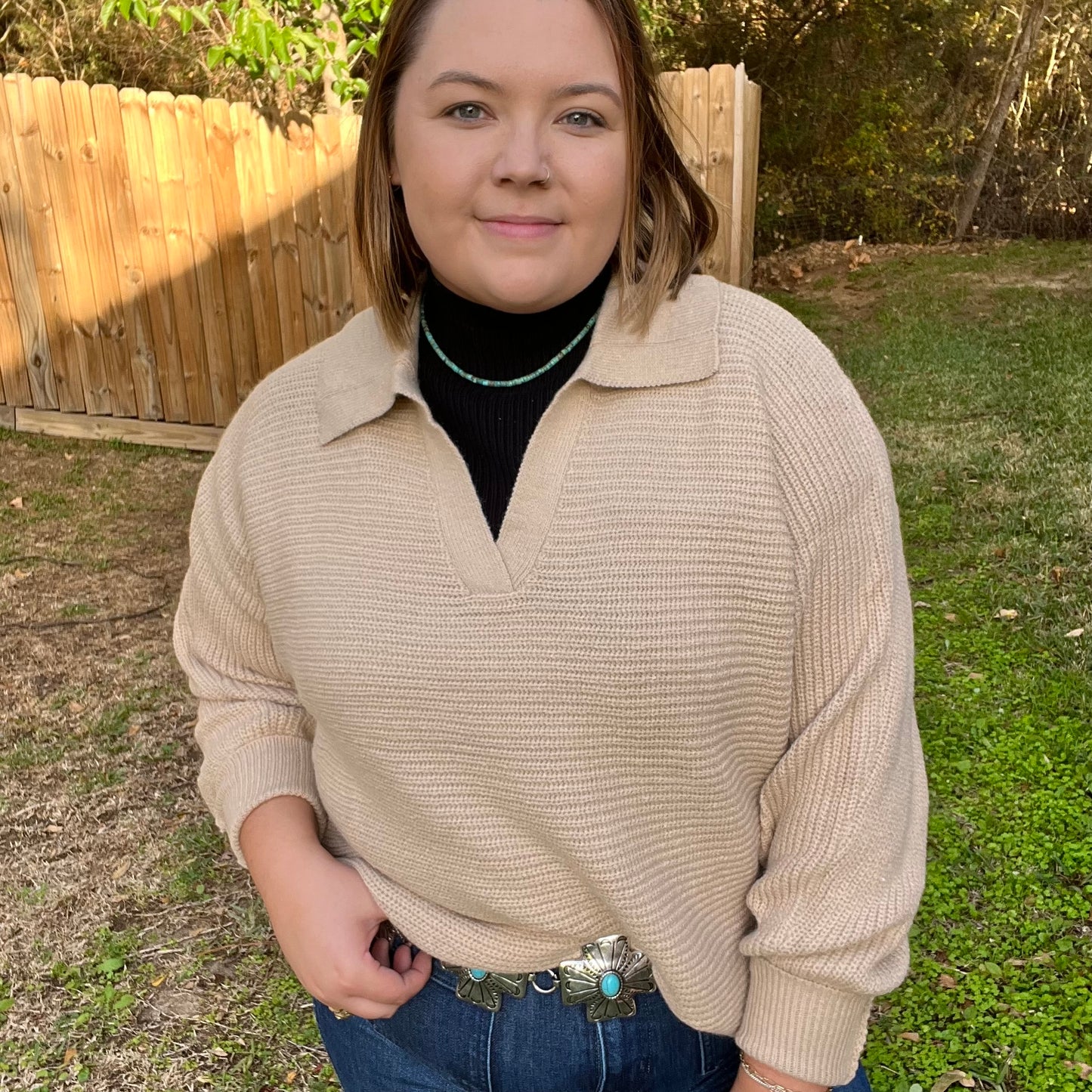 Tessa Oatmeal V-neck Collared Sweater