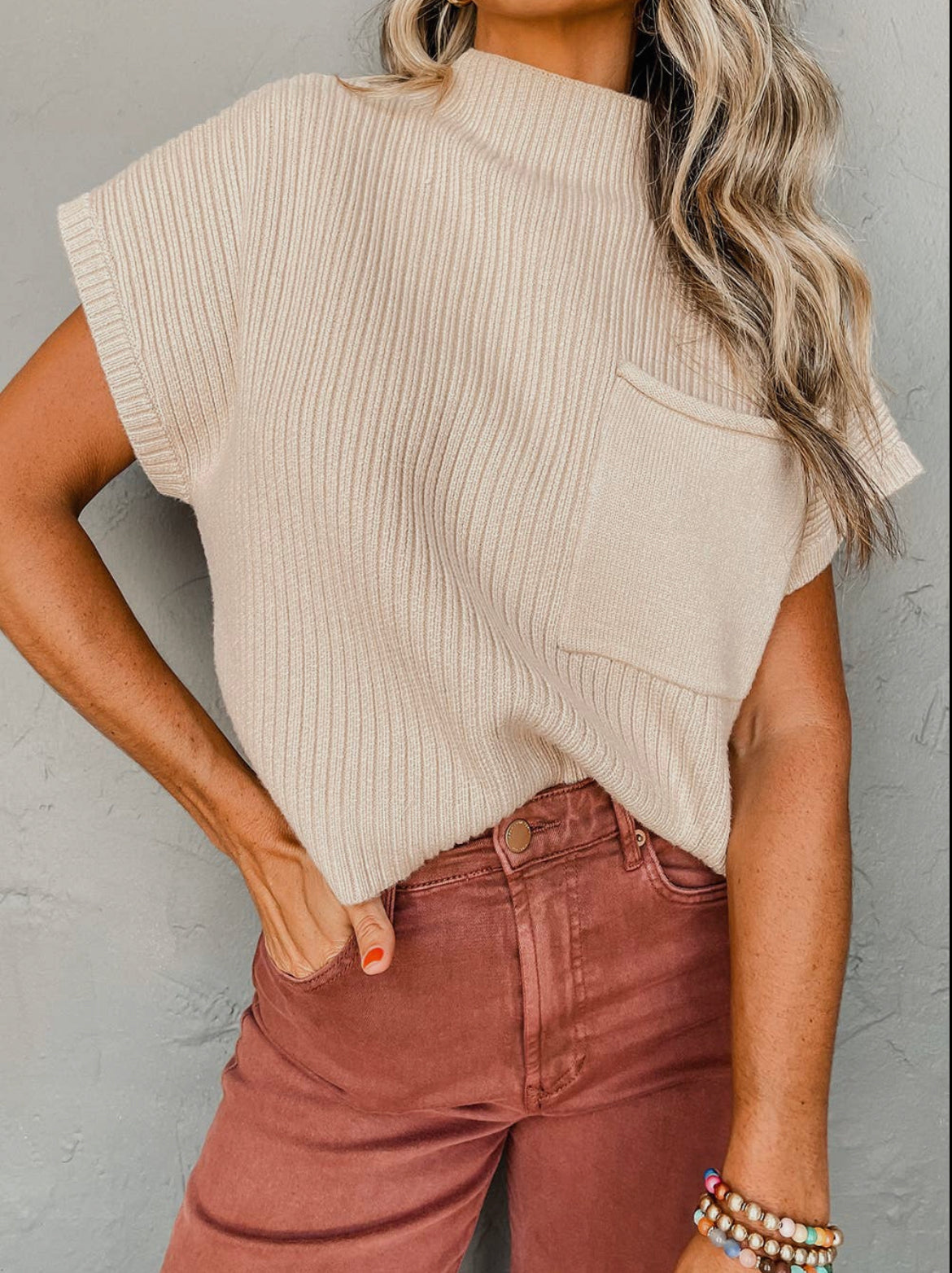 Oatmeal Short Sleeve Turtleneck Sweater