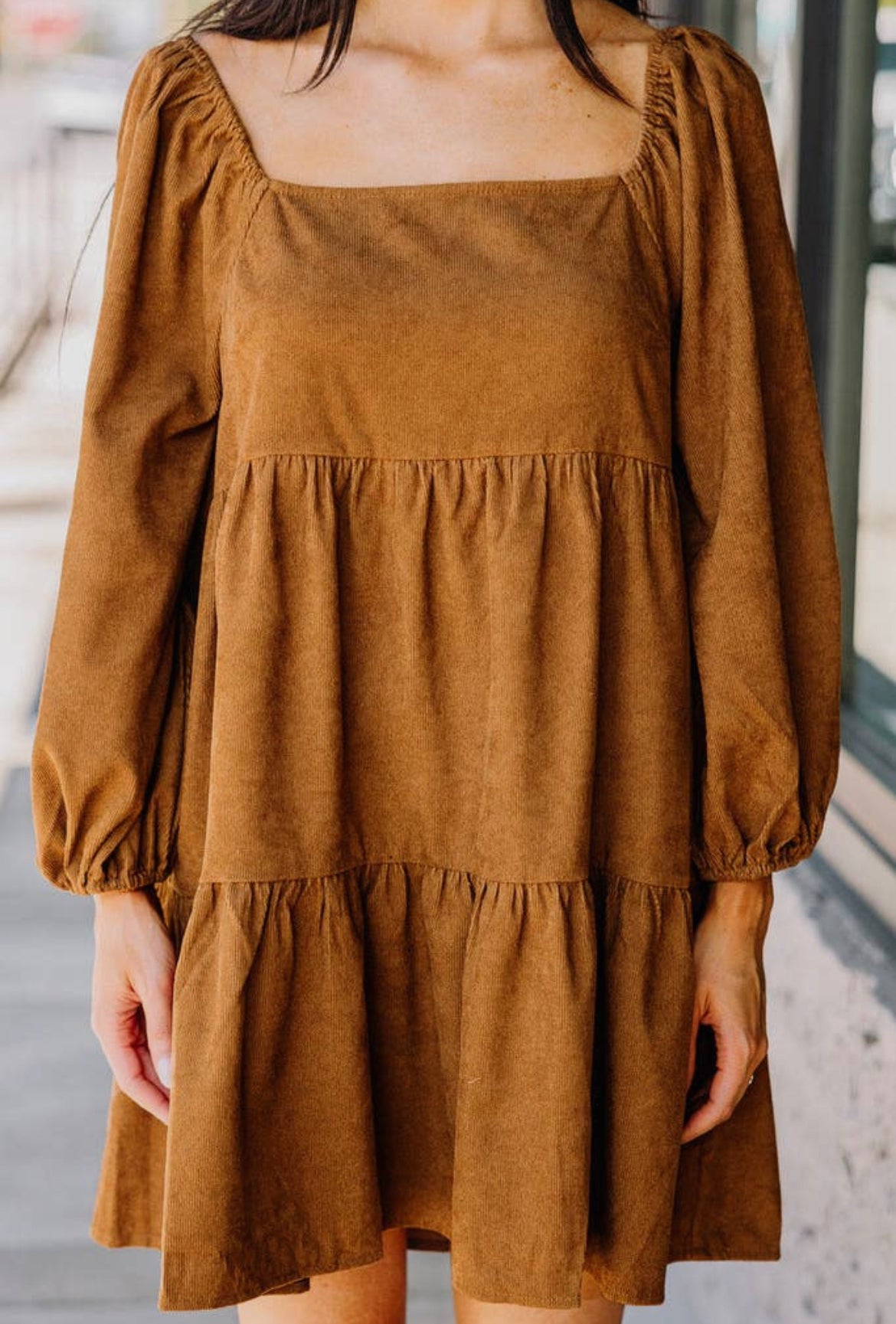 Chestnut Corduroy Puff Sleeve Dress