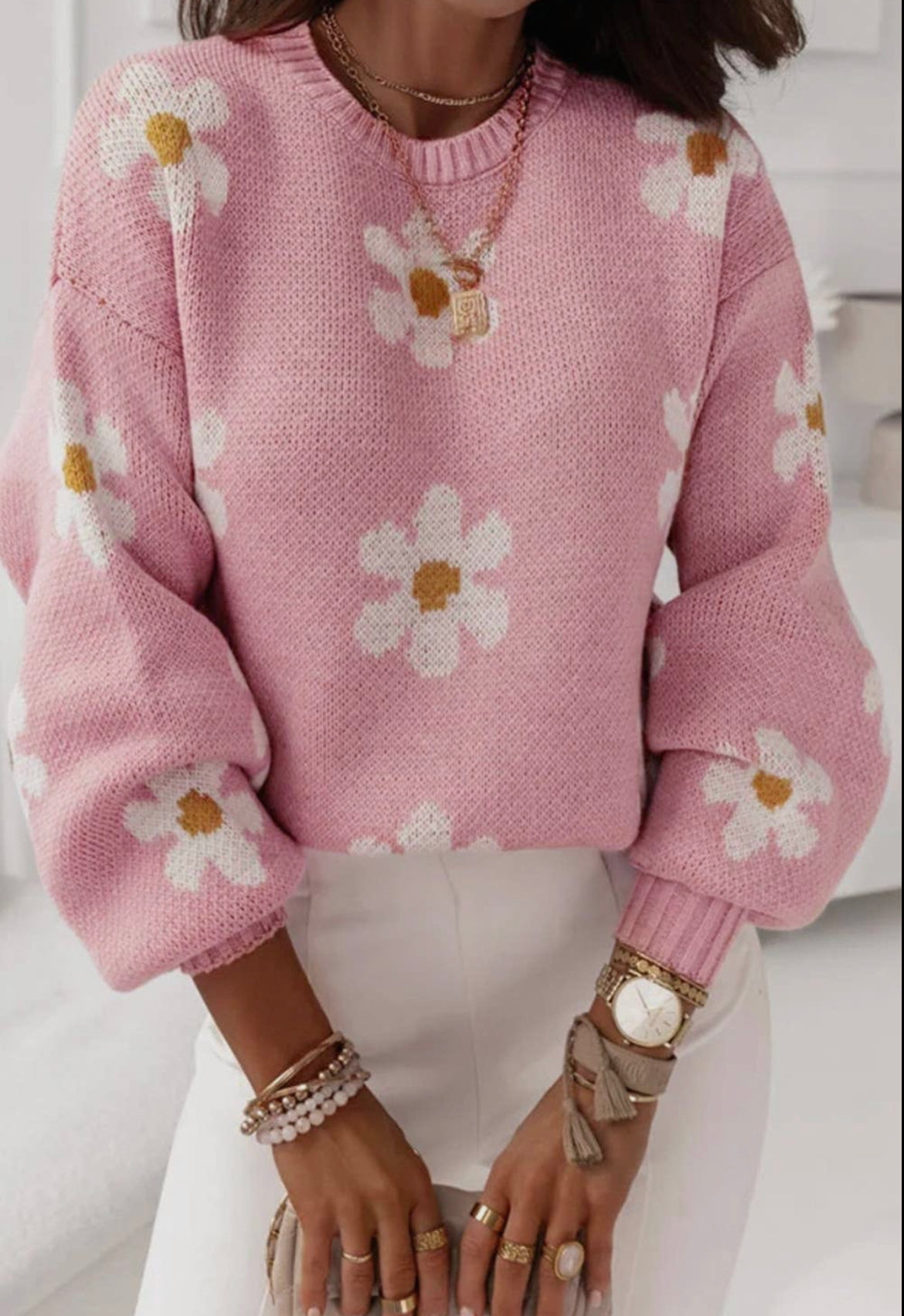 Pink Floral Drop Shoulder Sweater