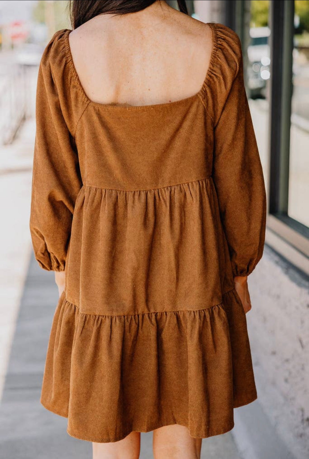 Chestnut Corduroy Puff Sleeve Dress