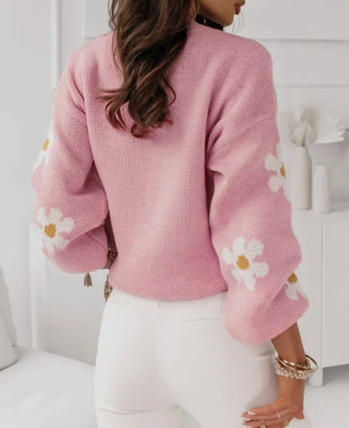 Pink Floral Drop Shoulder Sweater