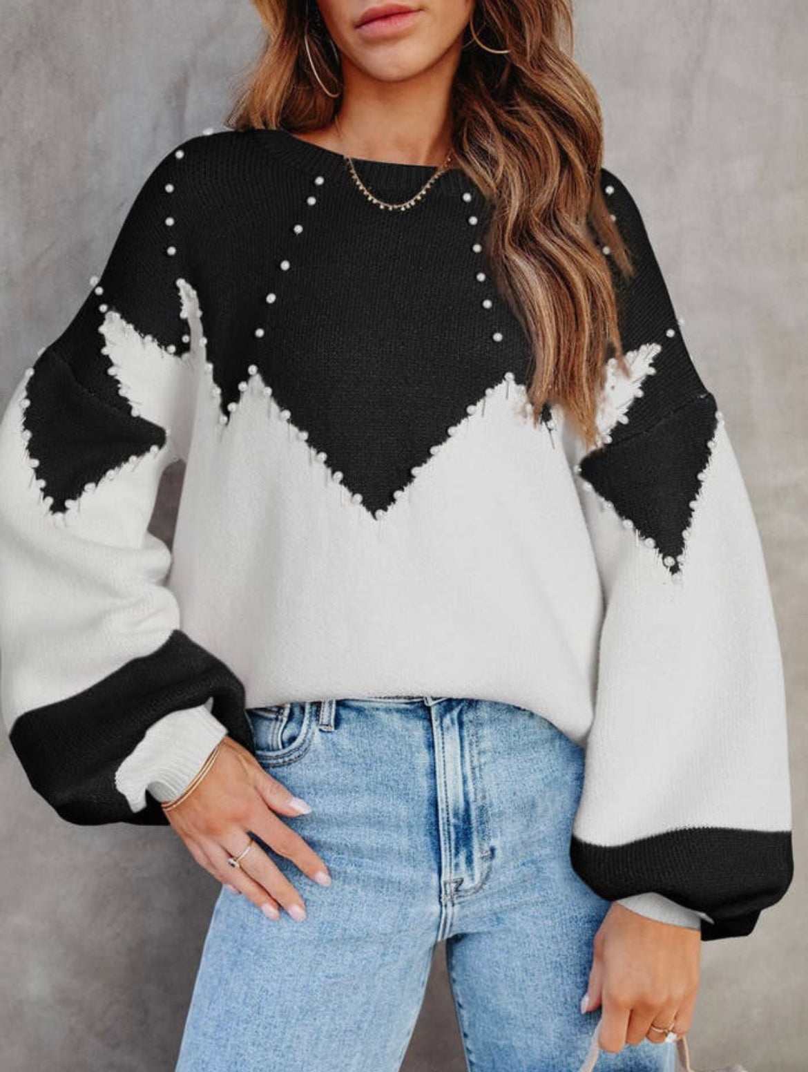 Aztec Colorblock Pearl Embellished Sweater