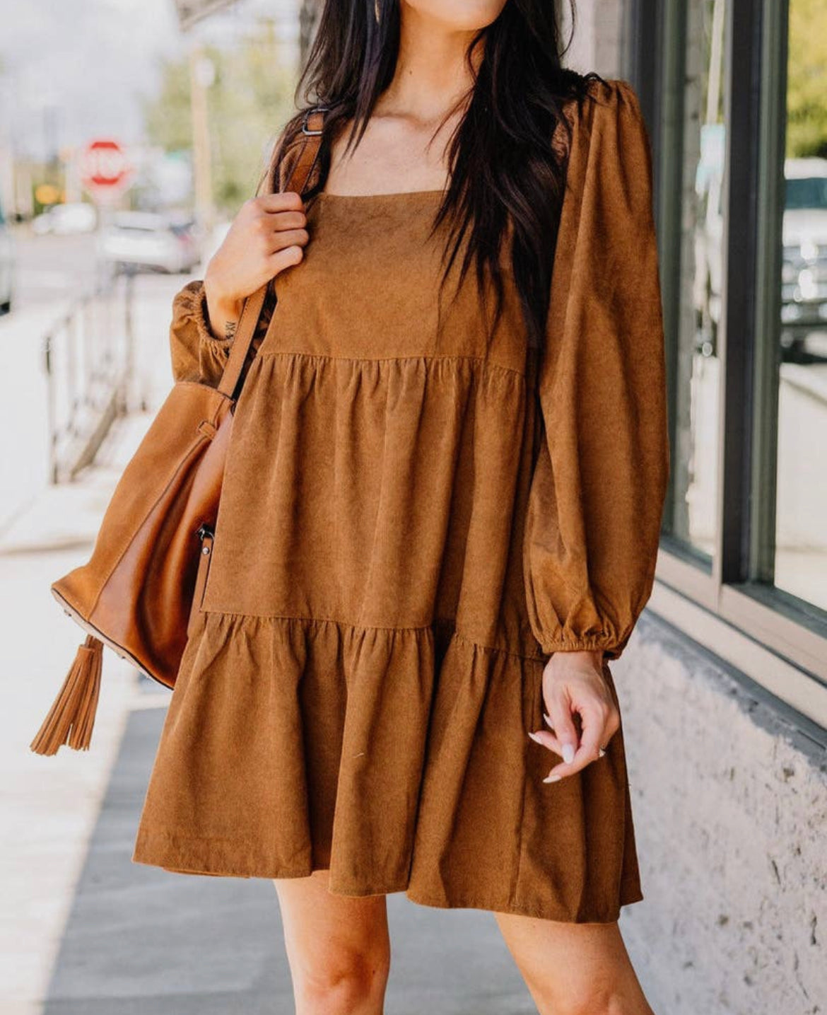 Chestnut Corduroy Puff Sleeve Dress