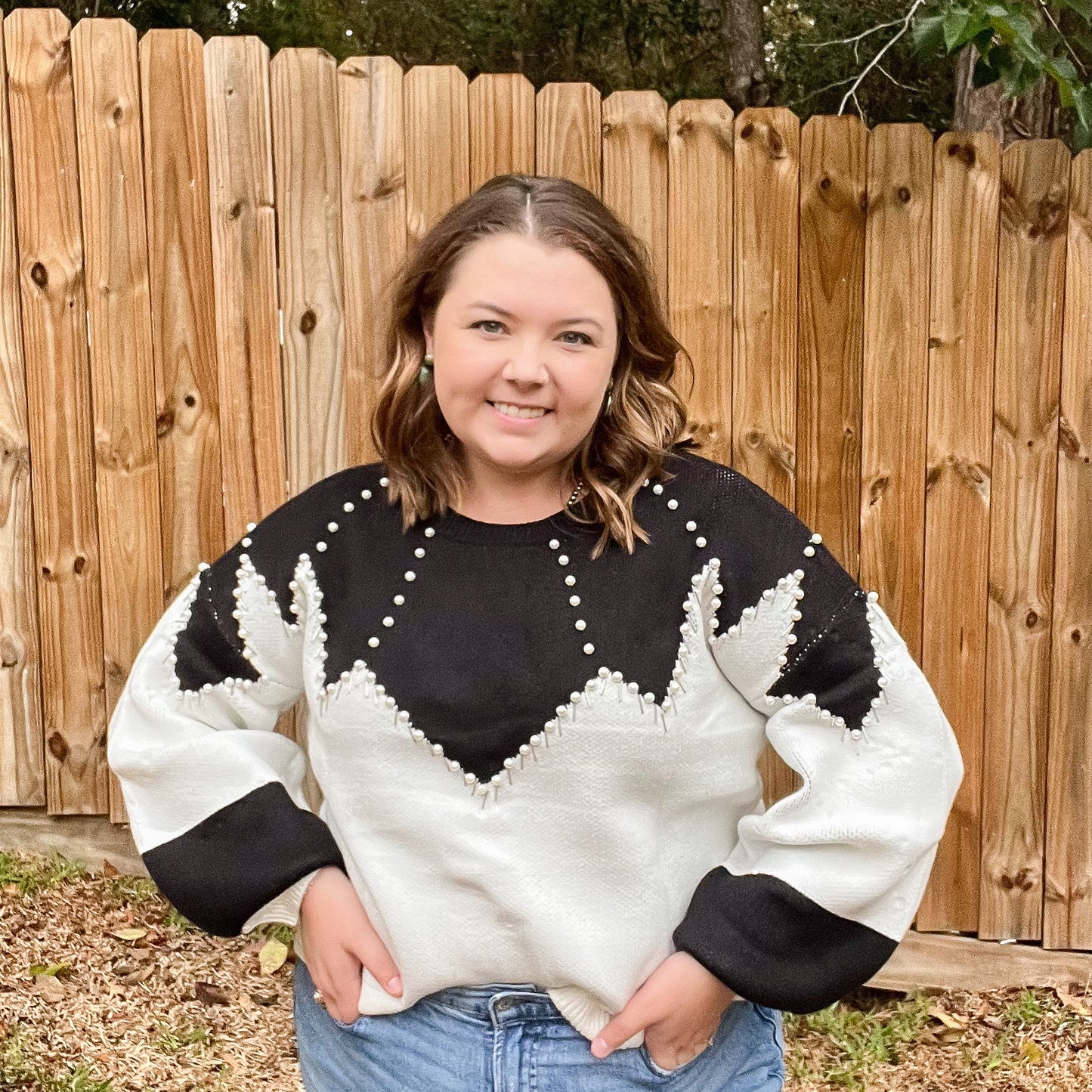 Aztec Colorblock Pearl Embellished Sweater