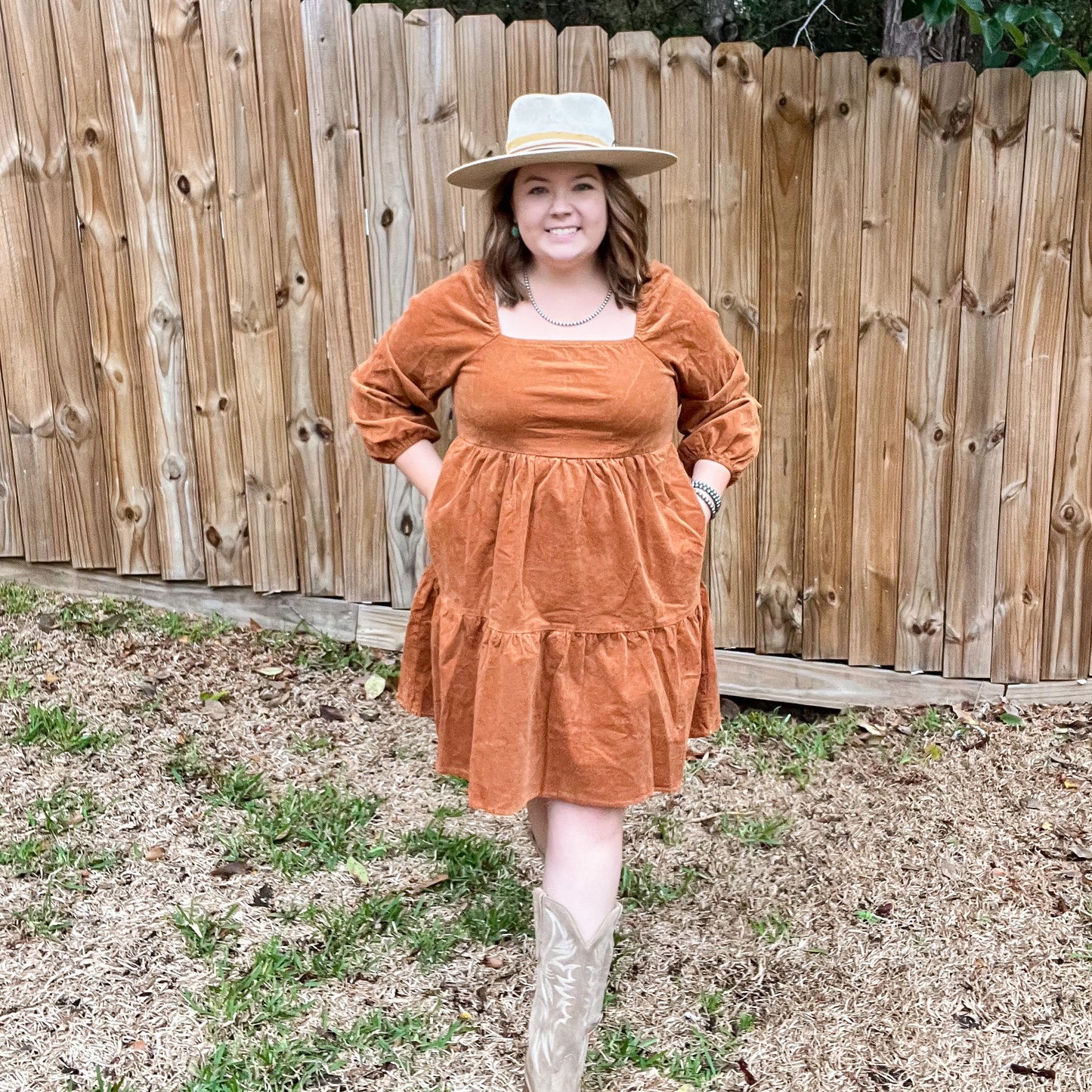 Chestnut Corduroy Puff Sleeve Dress