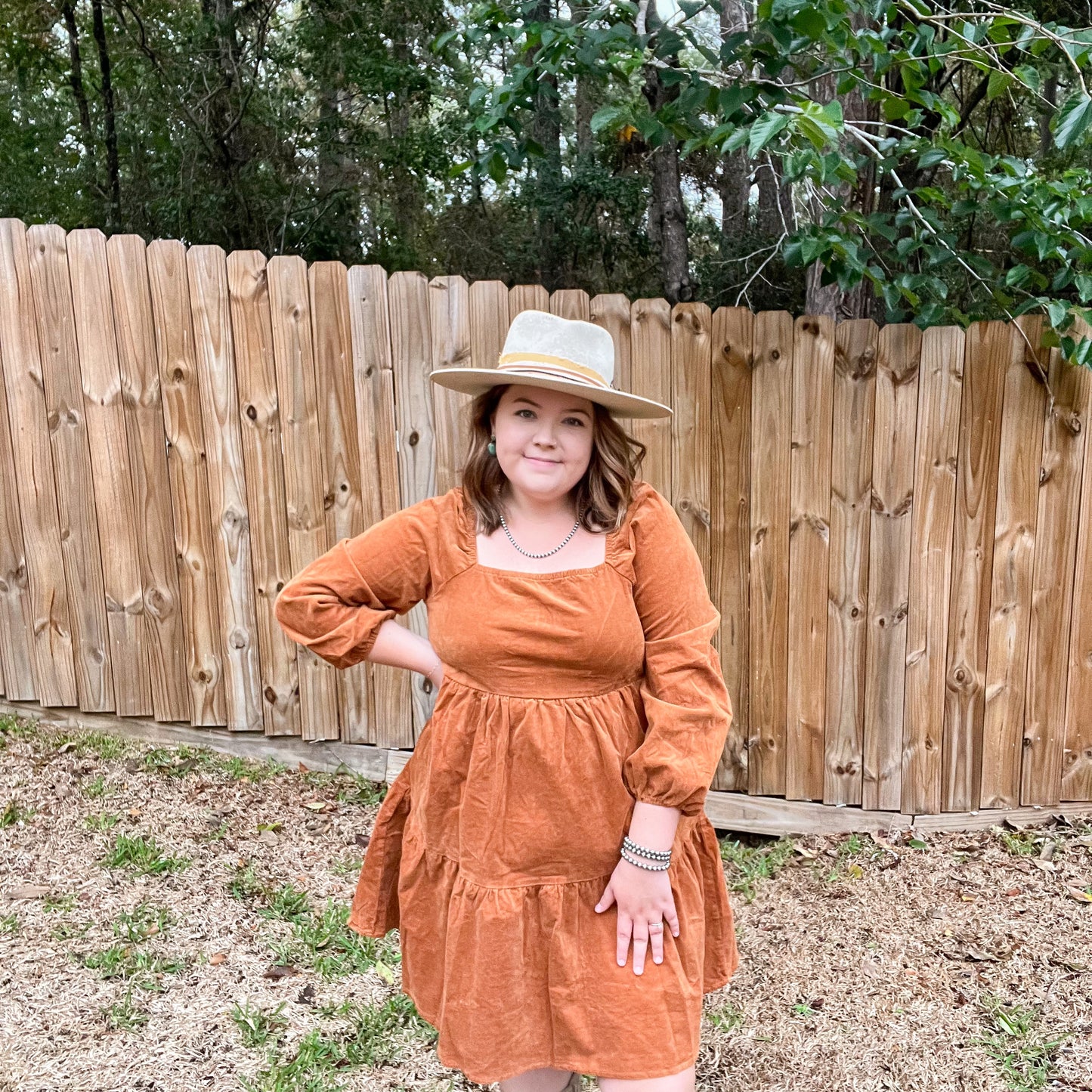 Chestnut Corduroy Puff Sleeve Dress