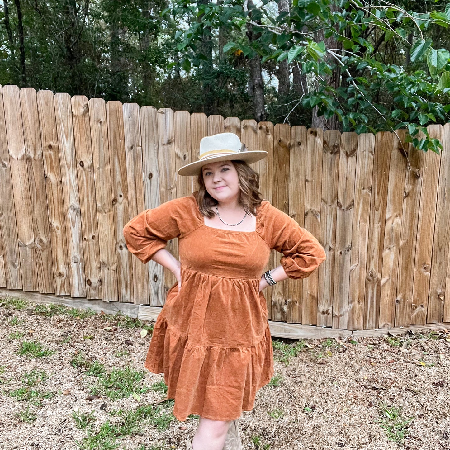 Chestnut Corduroy Puff Sleeve Dress